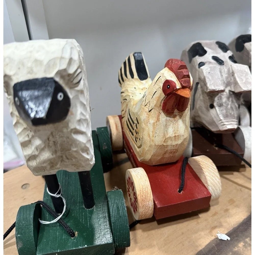 Wood Pigs Chicken And Sheep Pull Toy Carved Folk Art Mount Vernon Estate